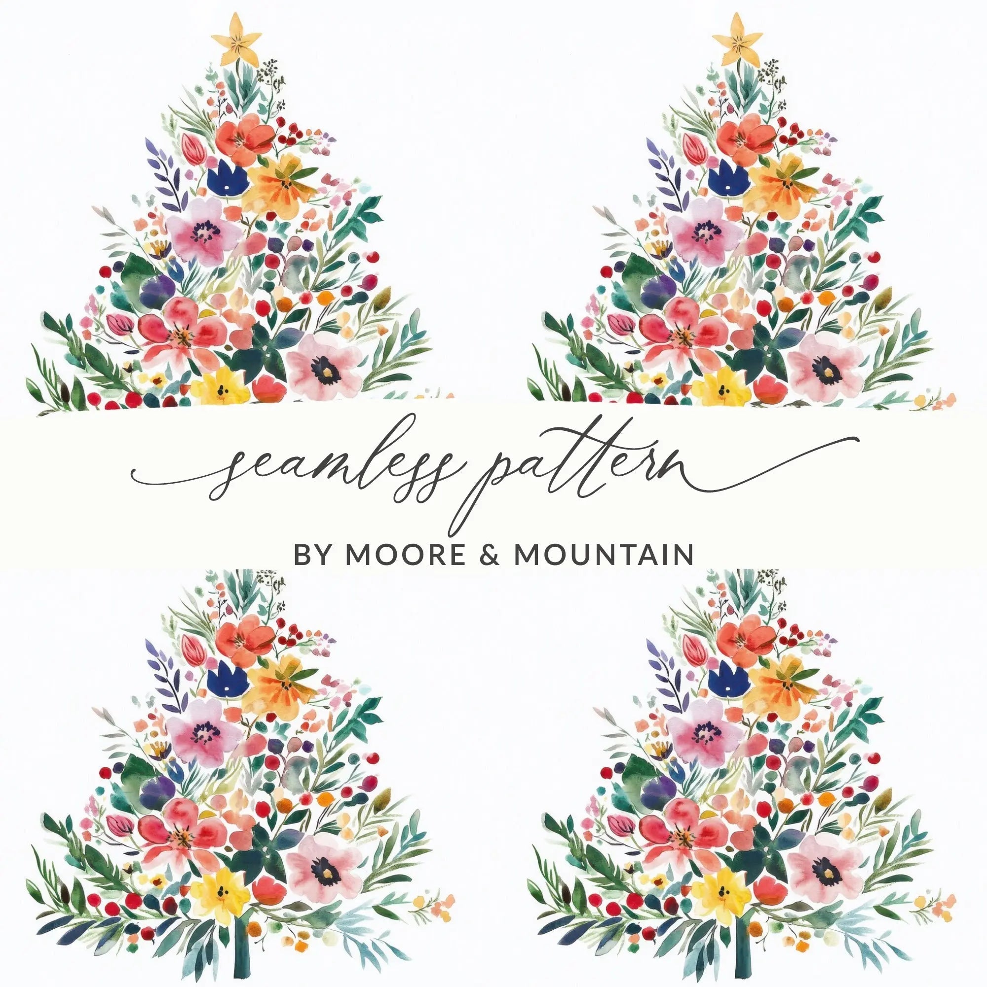 Watercolor Floral Christmas Tree Digital, Seamless Pattern JPEG, Holiday Design, Festive Art, Crafting Printable, Scrapbooking Paper