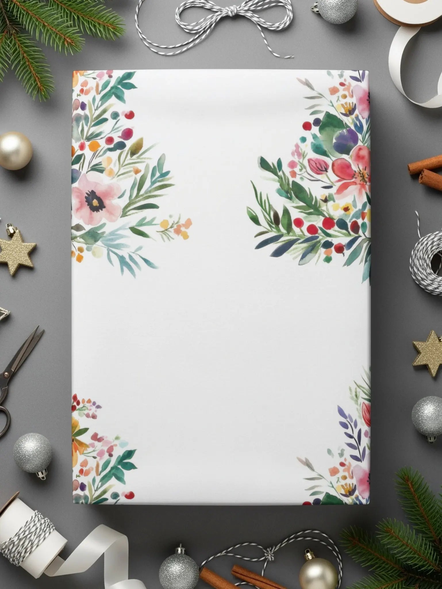 Watercolor Floral Christmas Tree Digital, Seamless Pattern JPEG, Holiday Design, Festive Art, Crafting Printable, Scrapbooking Paper