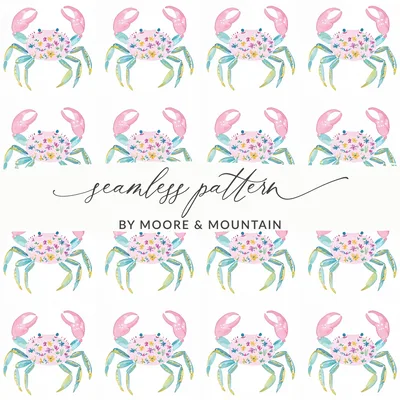 Watercolor Floral Crab Seamless Pattern, Digital Download, Cute Pink Crab Art, Ocean Sea Life Print, Nautical Summer Beach Decor, Scrapbook
