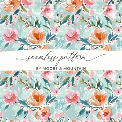 Watercolor Floral Digital Paper, Pink Peach Flower Pattern, Spring Seamless Pattern, Fabric Design, Digital Background, Scrapbooking