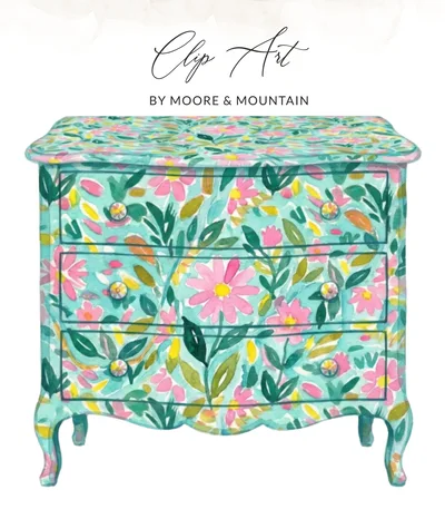 Watercolor Floral Dresser Digital Art Print, Cottagecore Home Decor, Boho Nursery Furniture Printable, Shabby Chic Wall Art