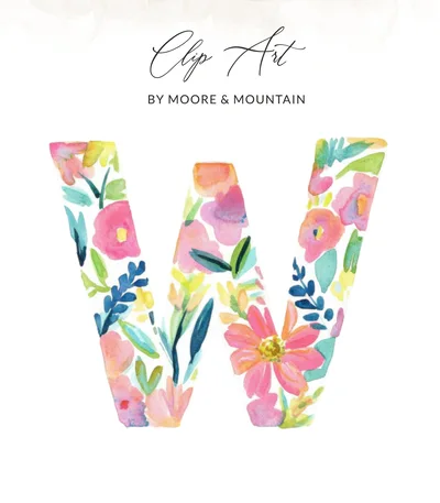 Watercolor Floral Letter W SVG PNG, Initial Monogram W Digital Download, Pink Flower Alphabet Clipart, Printable Art, Nursery Decor