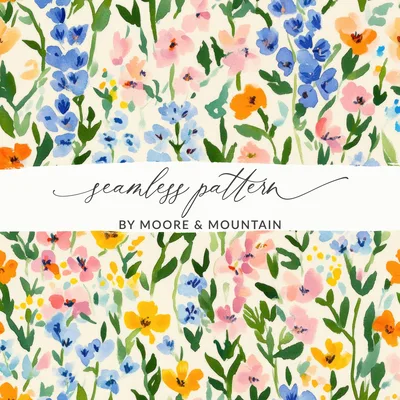 Watercolor Floral Pattern Digital Download, Colorful Flower Image, Botanical Illustration, Spring Summer Design, Seamless Repeat Pattern