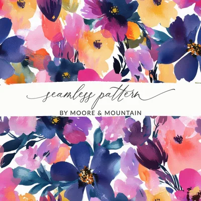 Watercolor Floral Pattern, Seamless Flower Design, Digital Paper, Purple Pink Flowers, Fabric Design, Surface Pattern, Commercial Use