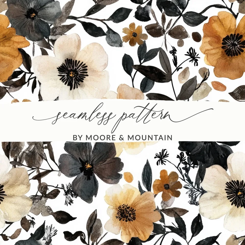Seamless Watercolor Black Floral Gothic Pattern, Dark Background Gothic Seamless Pattern for Commercial Use