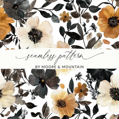 Seamless Watercolor Black Floral Gothic Pattern, Dark Background Gothic Seamless Pattern for Commercial Use