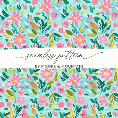 Watercolor Floral Seamless Pattern, Bright Pink Flowers Turquoise Digital Paper, Hand-painted Blossom Background, Spring Summer Art