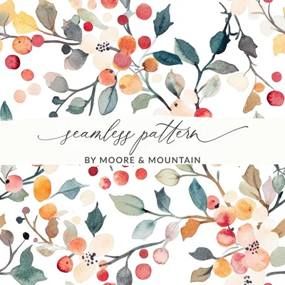 Watercolor Floral Seamless Pattern, Digital Paper, Flowers and Berries, Fabric Design, Printable Background, Digital Download