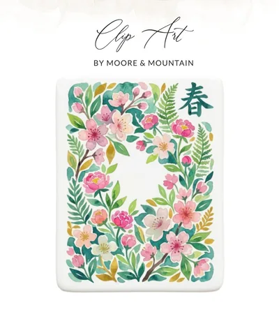 Watercolor Floral Spring Wreath SVG PNG Clip Art - Cherry Blossom Peony Botanical Frame Digital Art Design with Chinese Spring Symbol