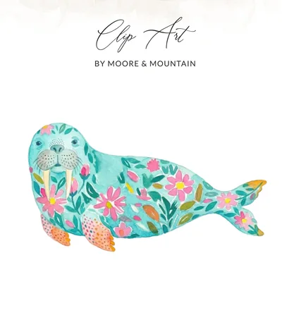 Watercolor Floral Walrus T-Shirt Design Digital Download, Whimsical Ocean Animal PNG File, Cute Marine Life Graphic Tee