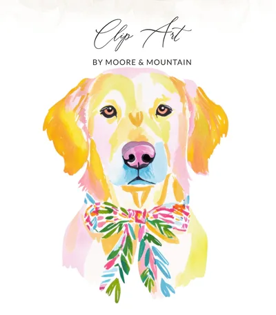 Watercolor Golden Retriever PNG, SVG, Digital Download, Puppy Dog Art Print, Colorful Bow Tie Pet Portrait, Printable Puppy Clipart for