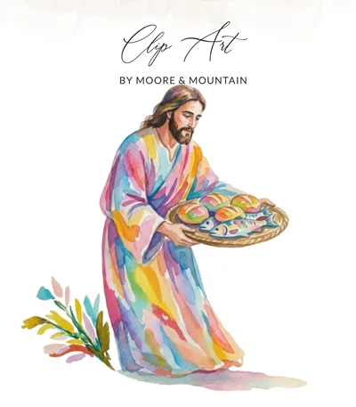 Watercolor Jesus Loaves and Fishes Digital Print, Christian Art Printable, Religious Gift for Easter, Modern Biblical Story Digital Download
