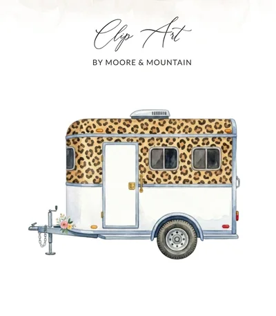 Watercolor Leopard Camper Clip Art PNG SVG Digital, Boho Travel Trailer RV Art, Glam Camping Sublimation Design Download