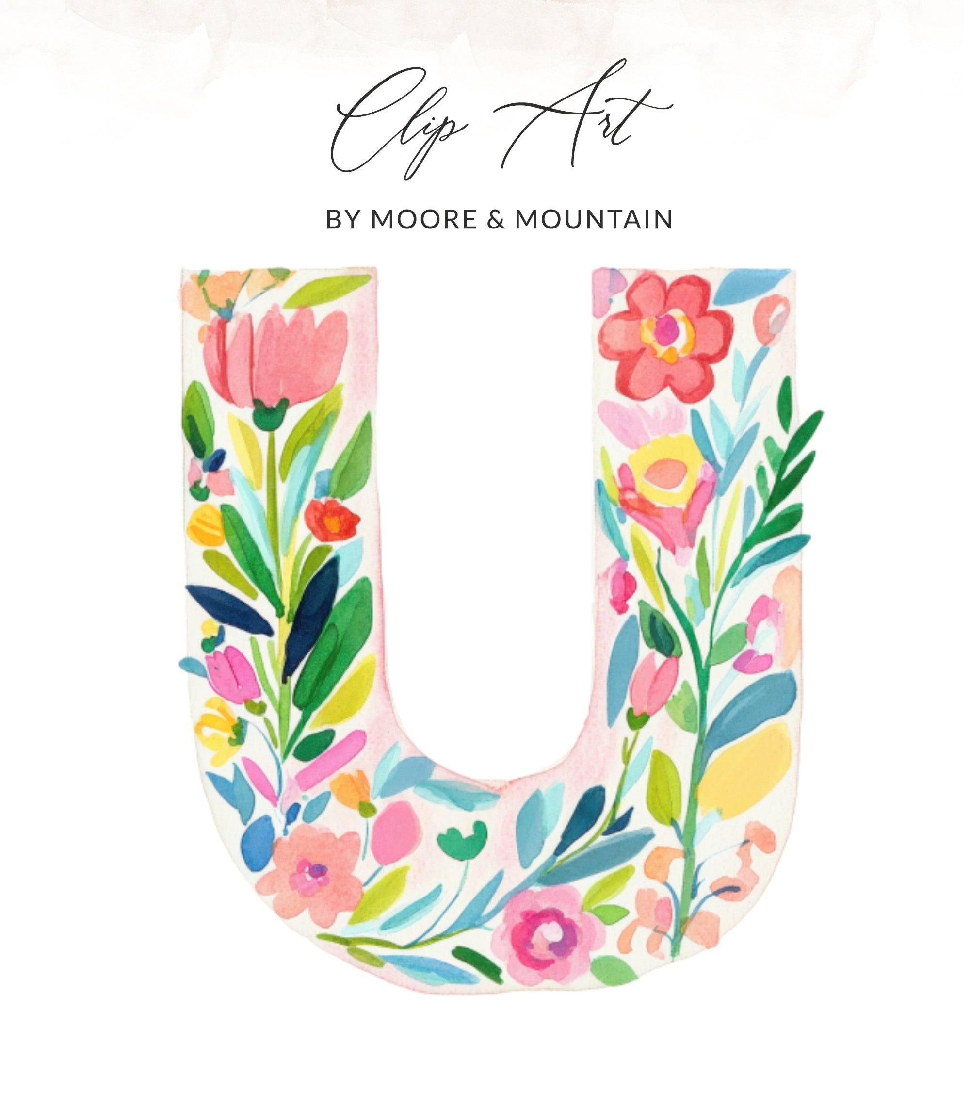 Watercolor Letter U SVG, PNG, Floral Alphabet U Clipart, Botanical Initial Monogram, Colorful Flower Digital Art, Nursery Decor, Wedding