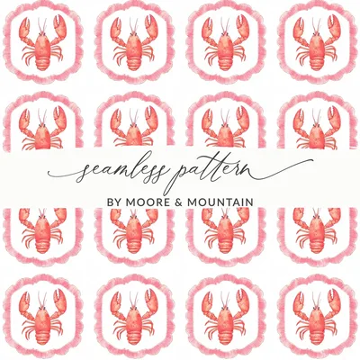 Watercolor Lobster Seamless Pattern, Digital Paper, Nautical Ocean Sea Animal Print, Red Pink Design, Scrapbook Fabric Background, Instant
