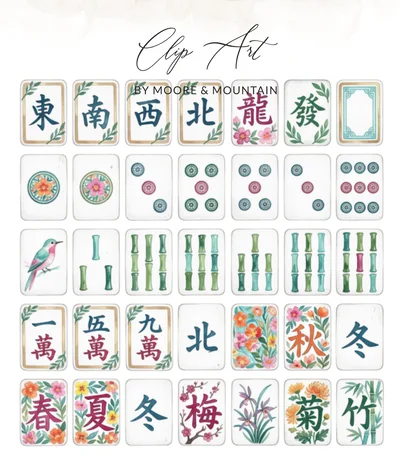 Watercolor Mahjong Tiles Clipart Digital Art Prints, Elegant Asian Floral Game Pieces Downloadable Graphics PNG Bundle