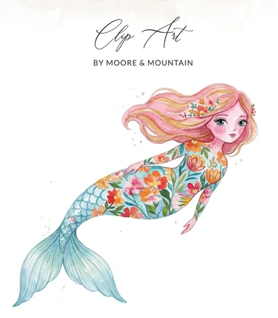 Watercolor Mermaid Preppy Clip Art, Digital Download PNG, Nursery Art, Magical Sea Creature Illustration, Whimsical Fantasy Digital