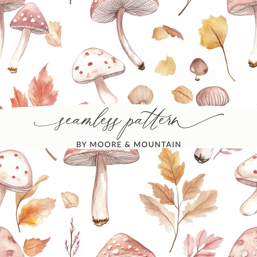 Watercolor Mushrooms and Leaves Digital Pattern - Neutral Tones Printable Art