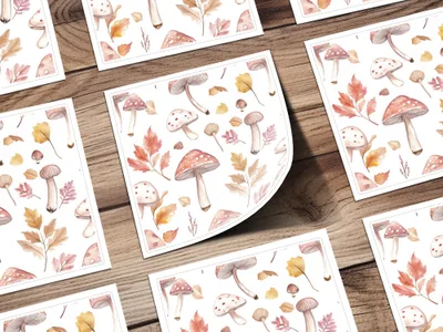 Watercolor Mushrooms and Leaves Digital Pattern - Neutral Tones Printable Art