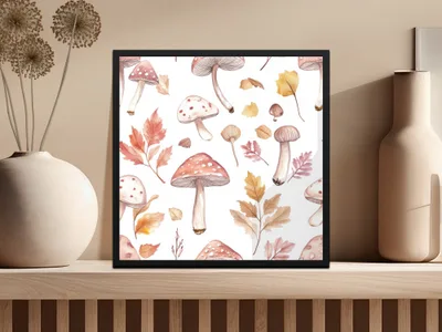 Watercolor Mushrooms and Leaves Digital Pattern - Neutral Tones Printable Art