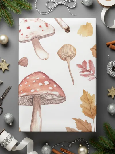 Watercolor Mushrooms and Leaves Digital Pattern - Neutral Tones Printable Art