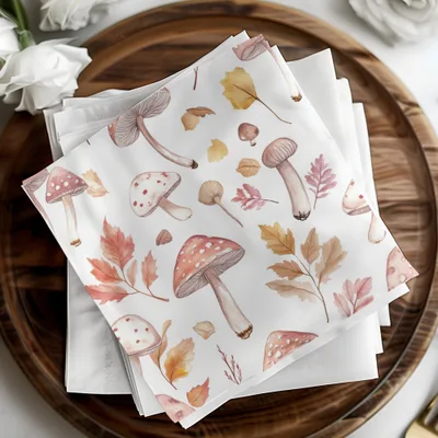 Watercolor Mushrooms and Leaves Digital Pattern - Neutral Tones Printable Art