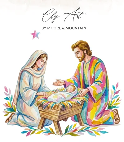 Watercolor Nativity Scene Digital Download - Holy Family Christmas Art Print - Christian Manger Wall Decor