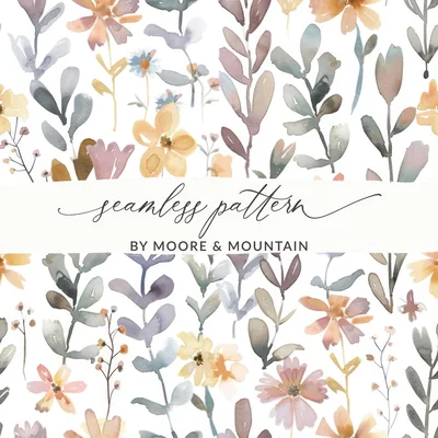 Watercolor Neutral Peach Pink Floral Pattern Digital Boho Wildflowers