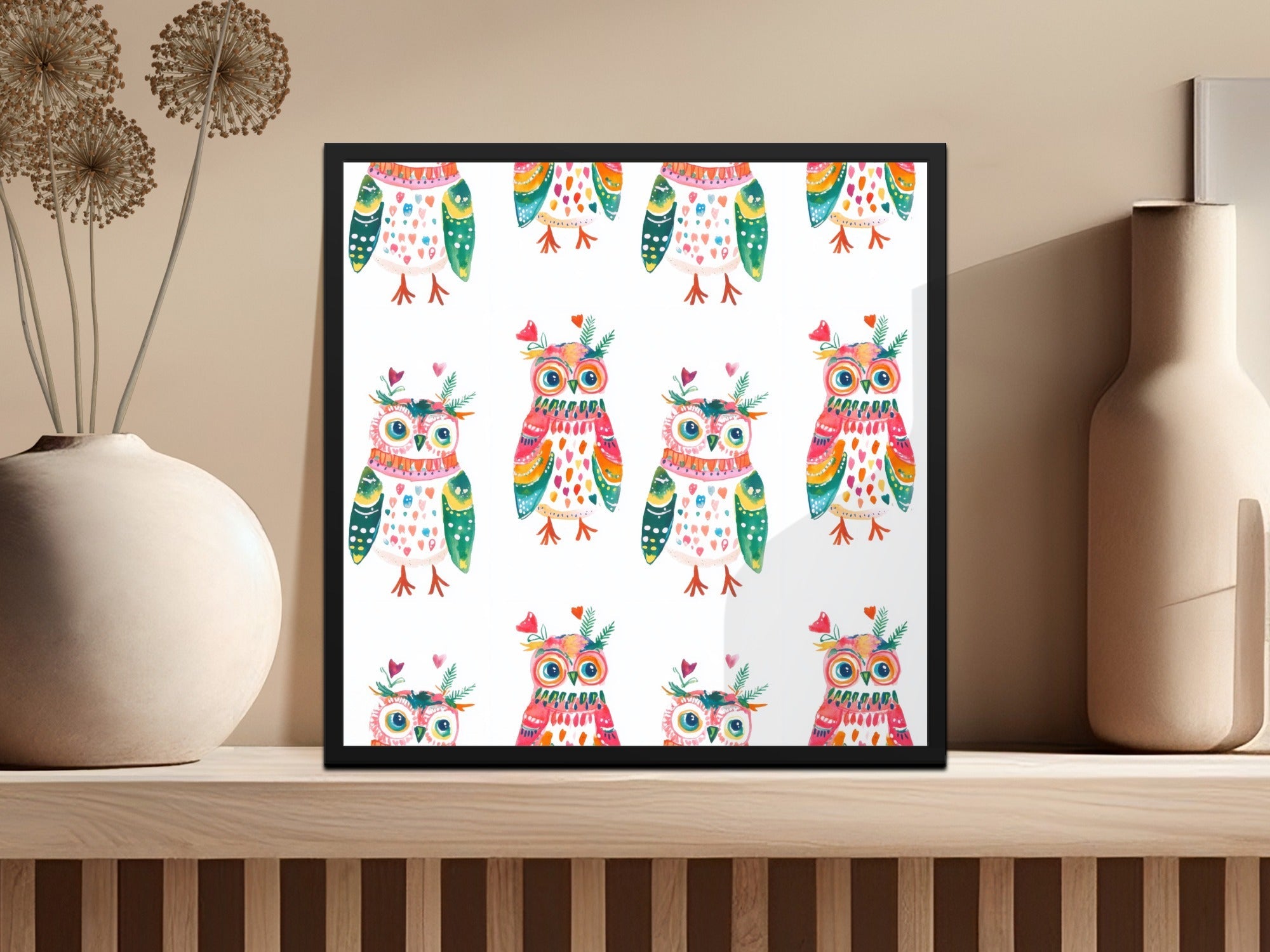 Watercolor Owls Pattern Art Print Home Decor Design Digital