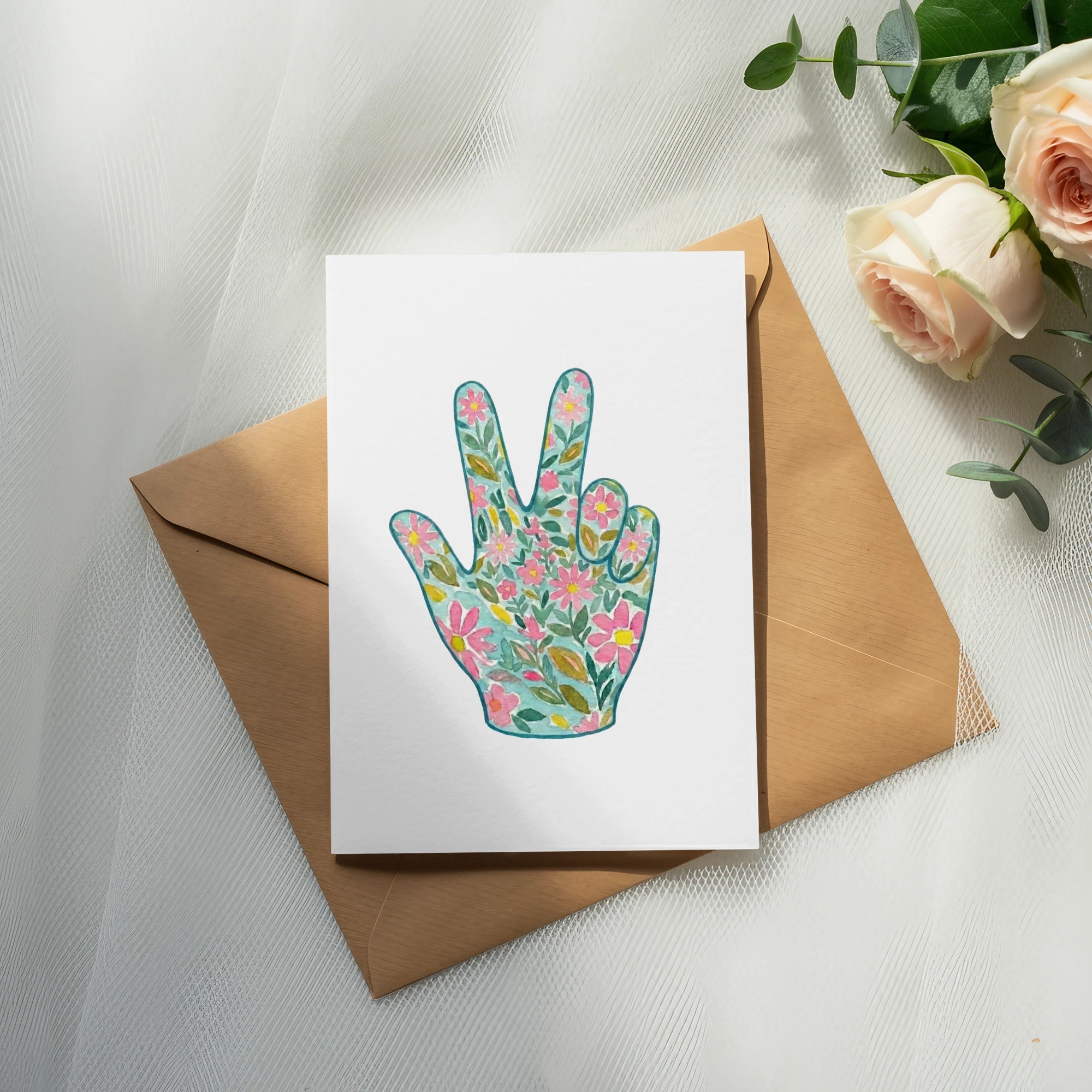 Watercolor Peace Sign Hand Digital Art, Boho Floral Peace Gesture Instant Download, Hippie Wall Art Print, Positive Vibe Gift for Her
