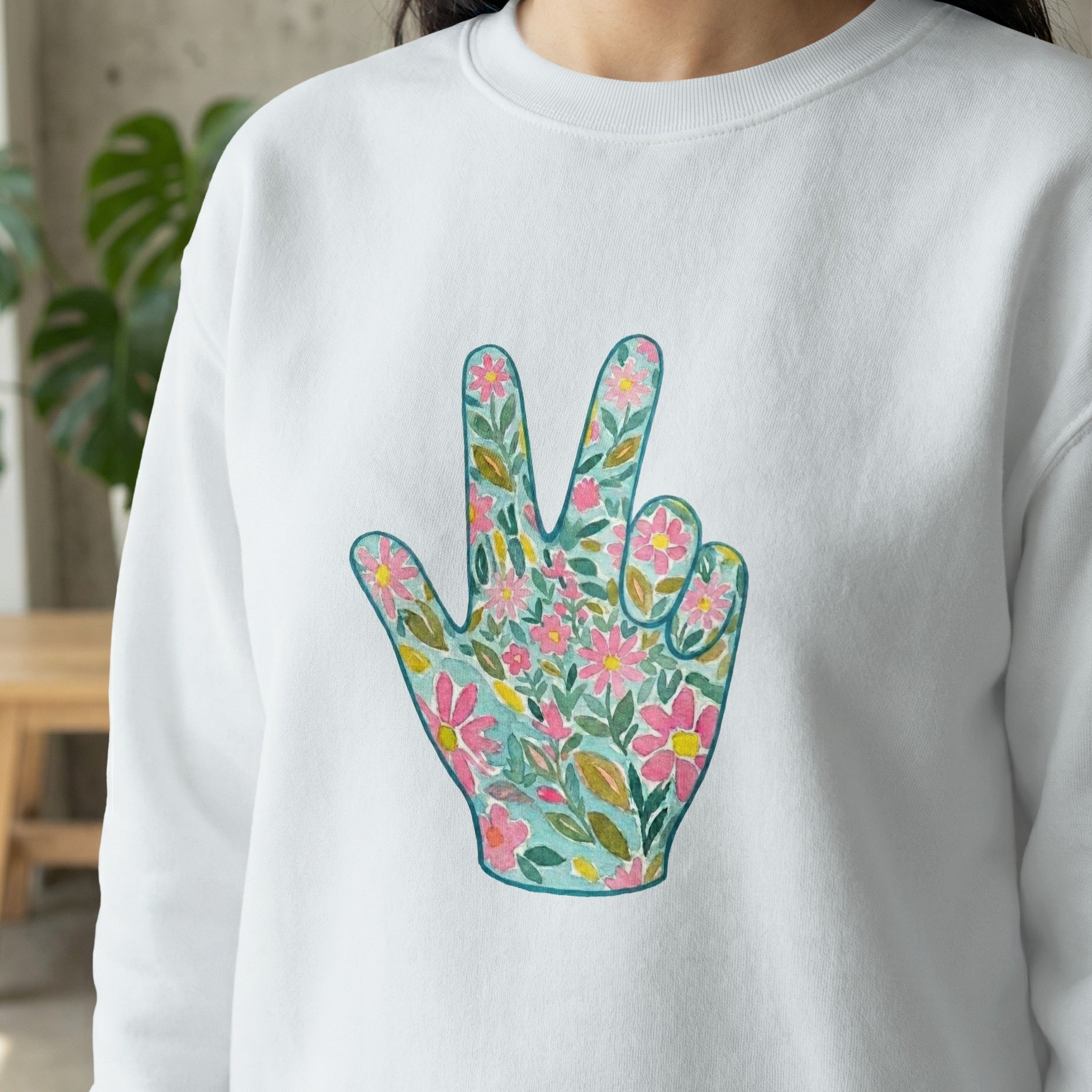 Watercolor Peace Sign Hand Digital Art, Boho Floral Peace Gesture Instant Download, Hippie Wall Art Print, Positive Vibe Gift for Her