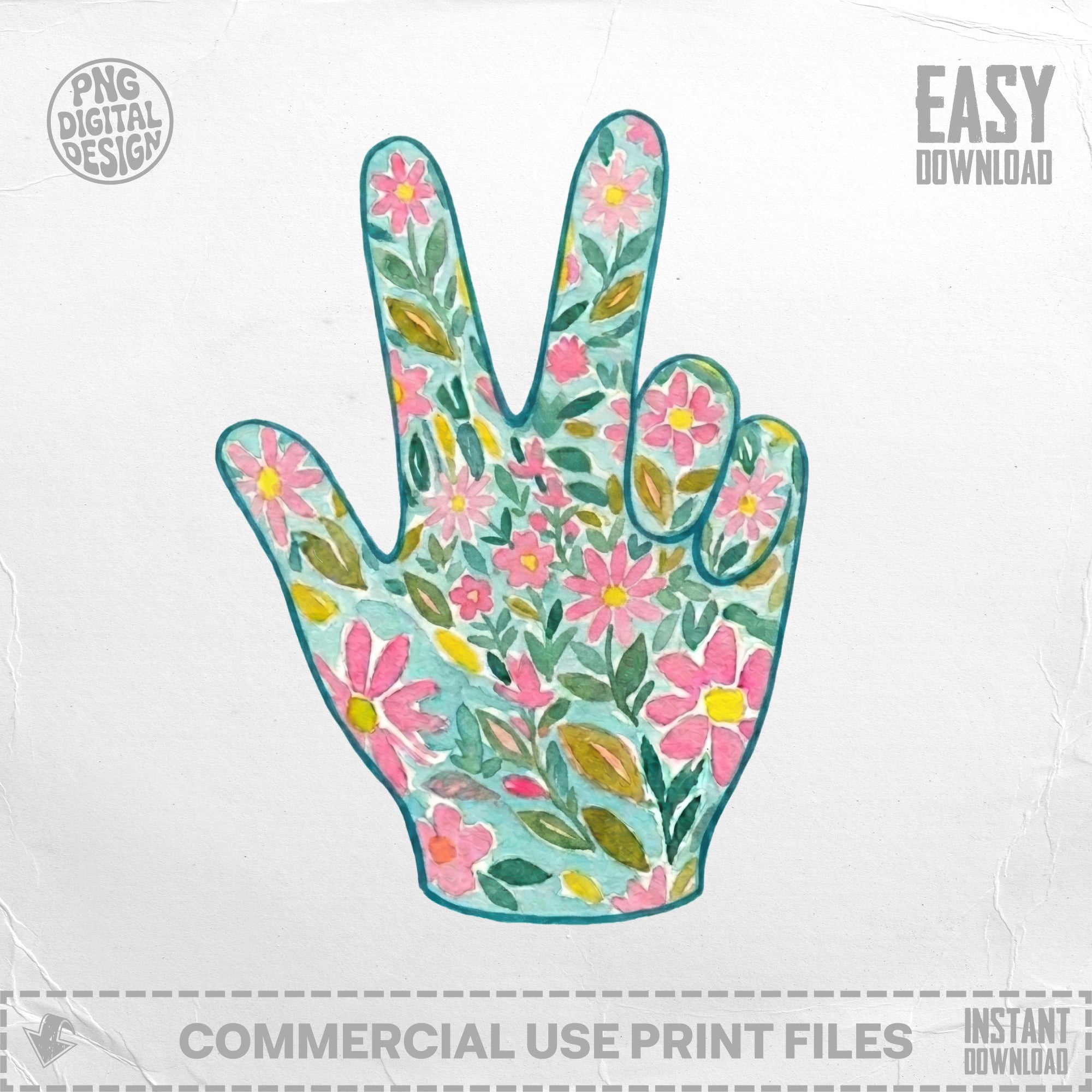 Watercolor Peace Sign Hand Digital Art, Boho Floral Peace Gesture Instant Download, Hippie Wall Art Print, Positive Vibe Gift for Her