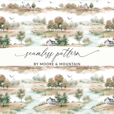 Watercolor Peaceful Houses and Trees Landscape Pattern Digital