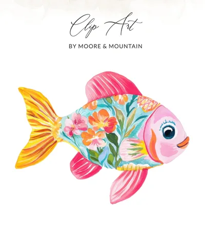 Watercolor Preppy Fish Clipart, Tropical Floral Digital PNG, Vibrant Pastel SVG, Hand Painted Rainbow Illustration, Girly Summer Art