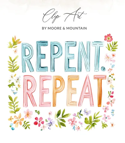 Watercolor Preppy Repent Repeat, Christian Lettering Digital Clipart PNG SVG, Bright Girly Art, Instant Download, Commercial Use