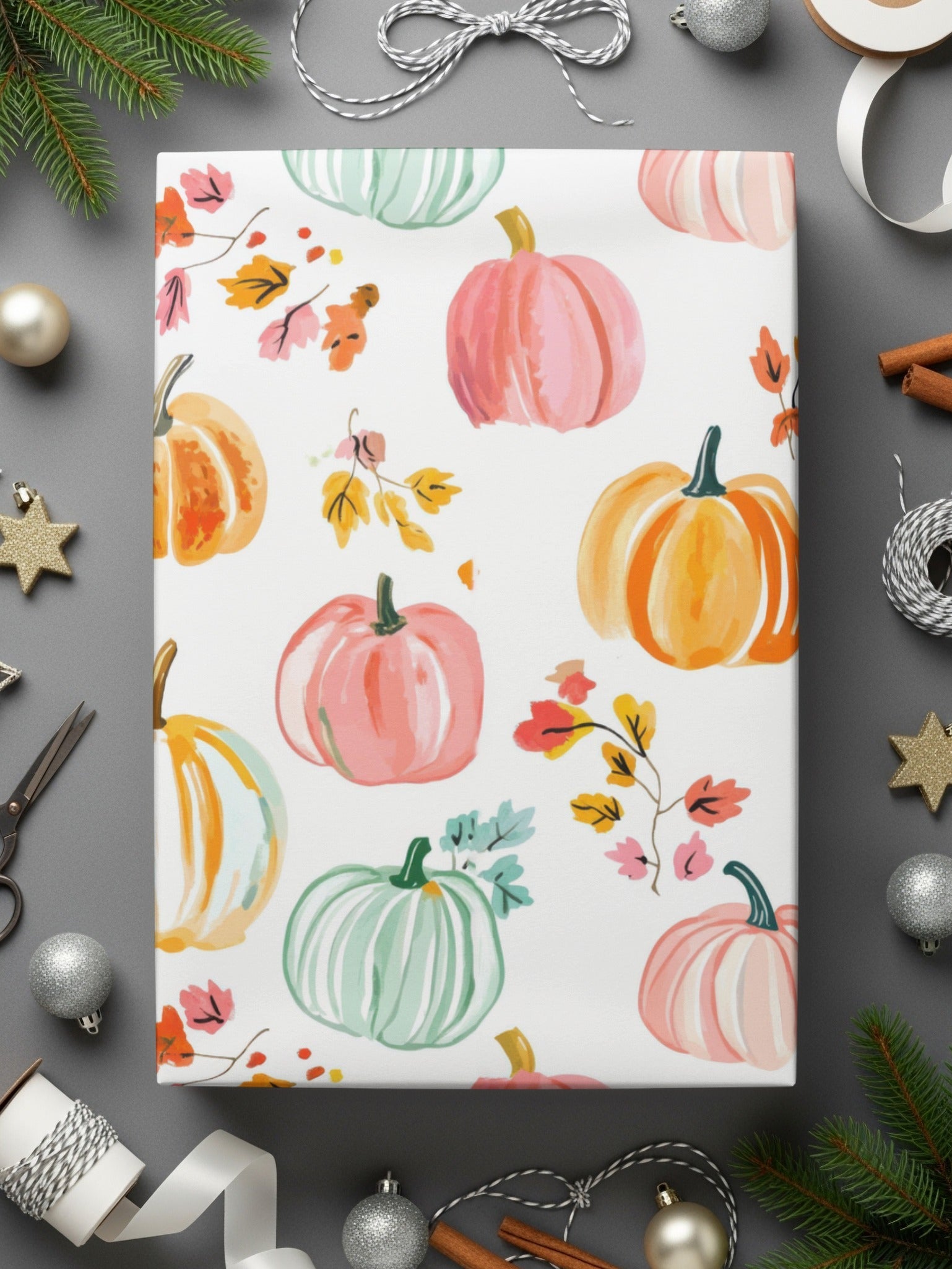 Watercolor Pumpkin Digital Paper, Fall Autumn Seamless Pattern, Pink Green Orange Pumpkins Background, Thanksgiving Fabric Design
