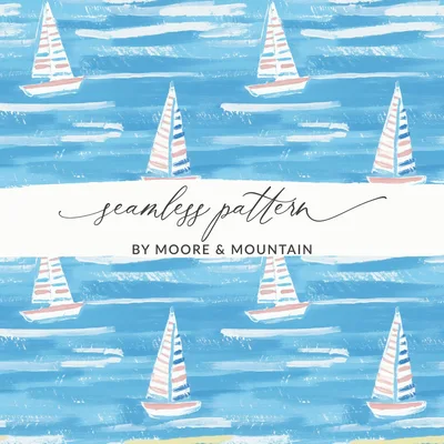 Watercolor Sailboat Pattern Digital Paper, Nautical Seamless Pattern, Coastal Design, Summer Vibes, Ocean Scrapbook Paper