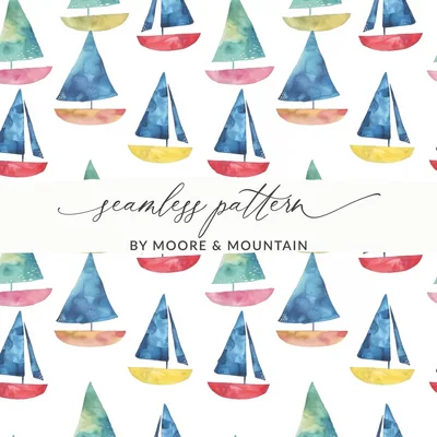 Watercolor Sailboat Pattern, Digital Seamless Repeat, Nautical Boat Clipart, Coastal Print, Sea Theme Scrapbook Paper, Download