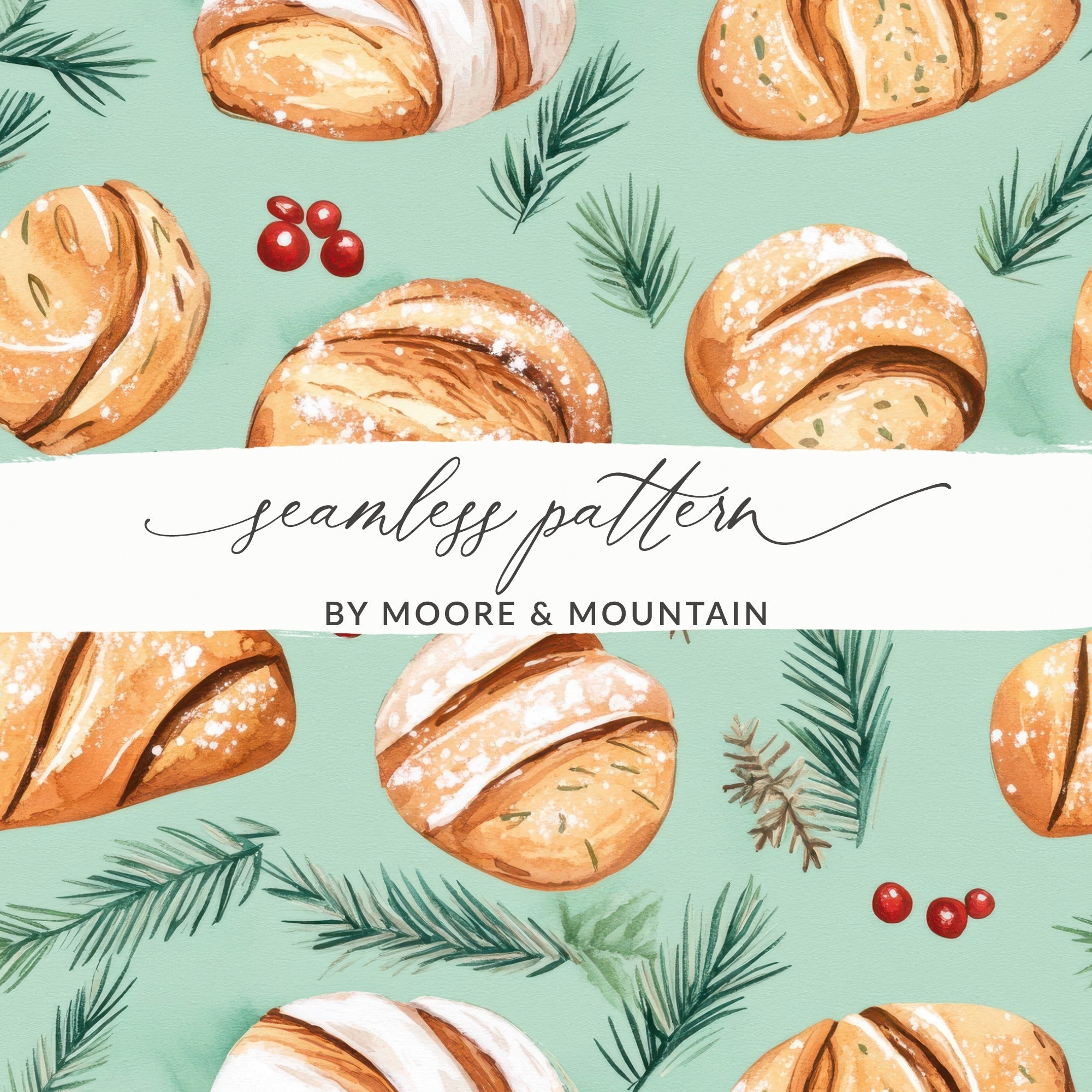 Watercolor Sourdough Christmas Baked Goods Pine Needles Pattern Background