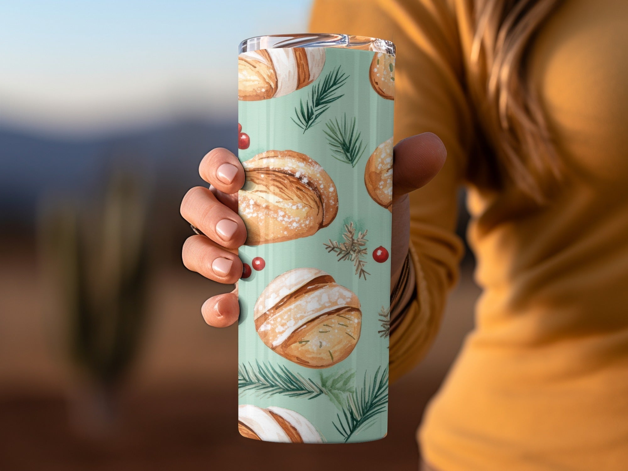 Watercolor Sourdough Christmas Baked Goods Pine Needles Pattern Background