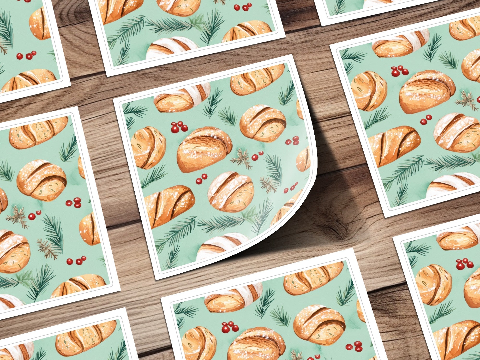 Watercolor Sourdough Christmas Baked Goods Pine Needles Pattern Background