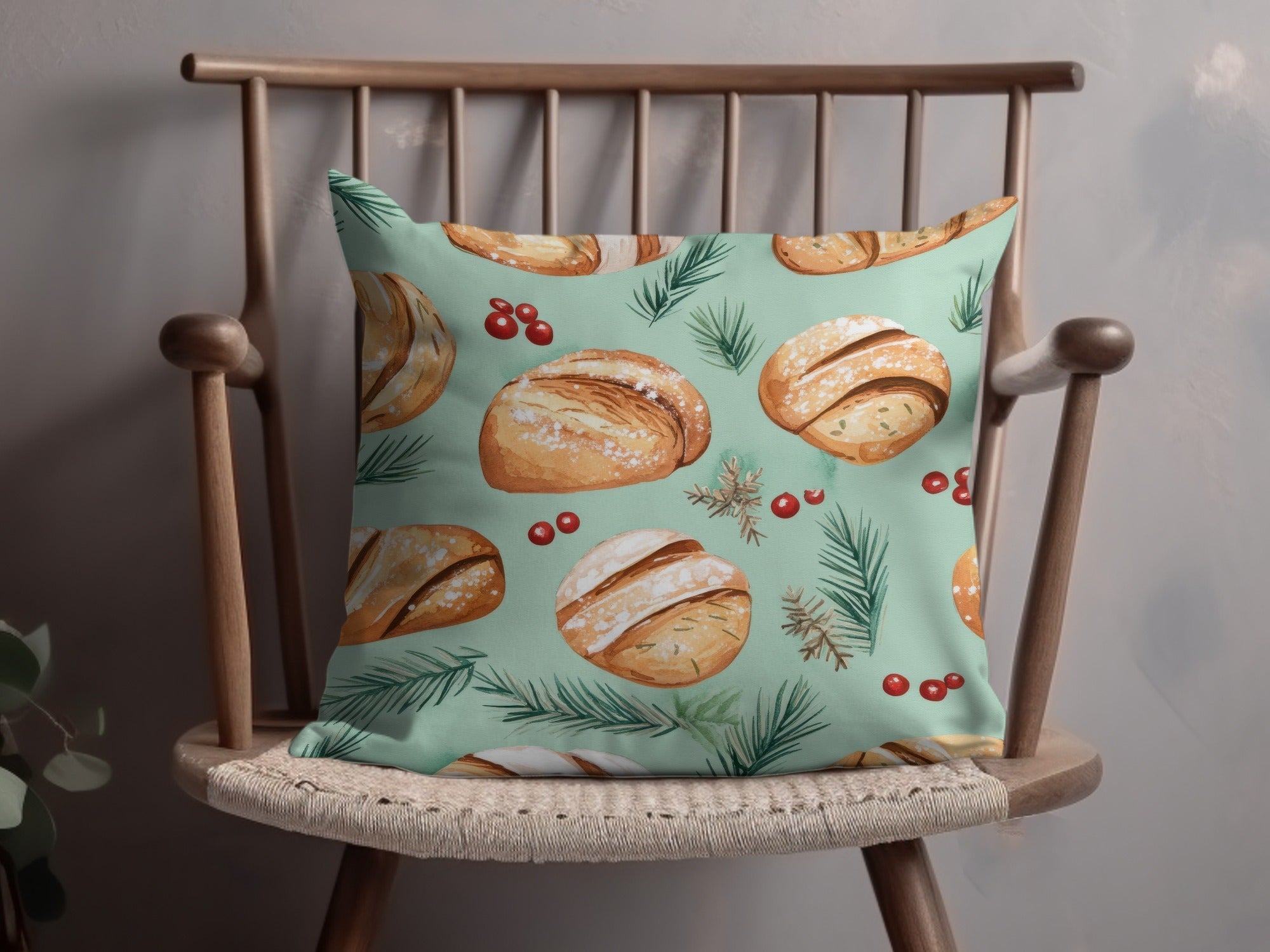 Watercolor Sourdough Christmas Baked Goods Pine Needles Pattern Background