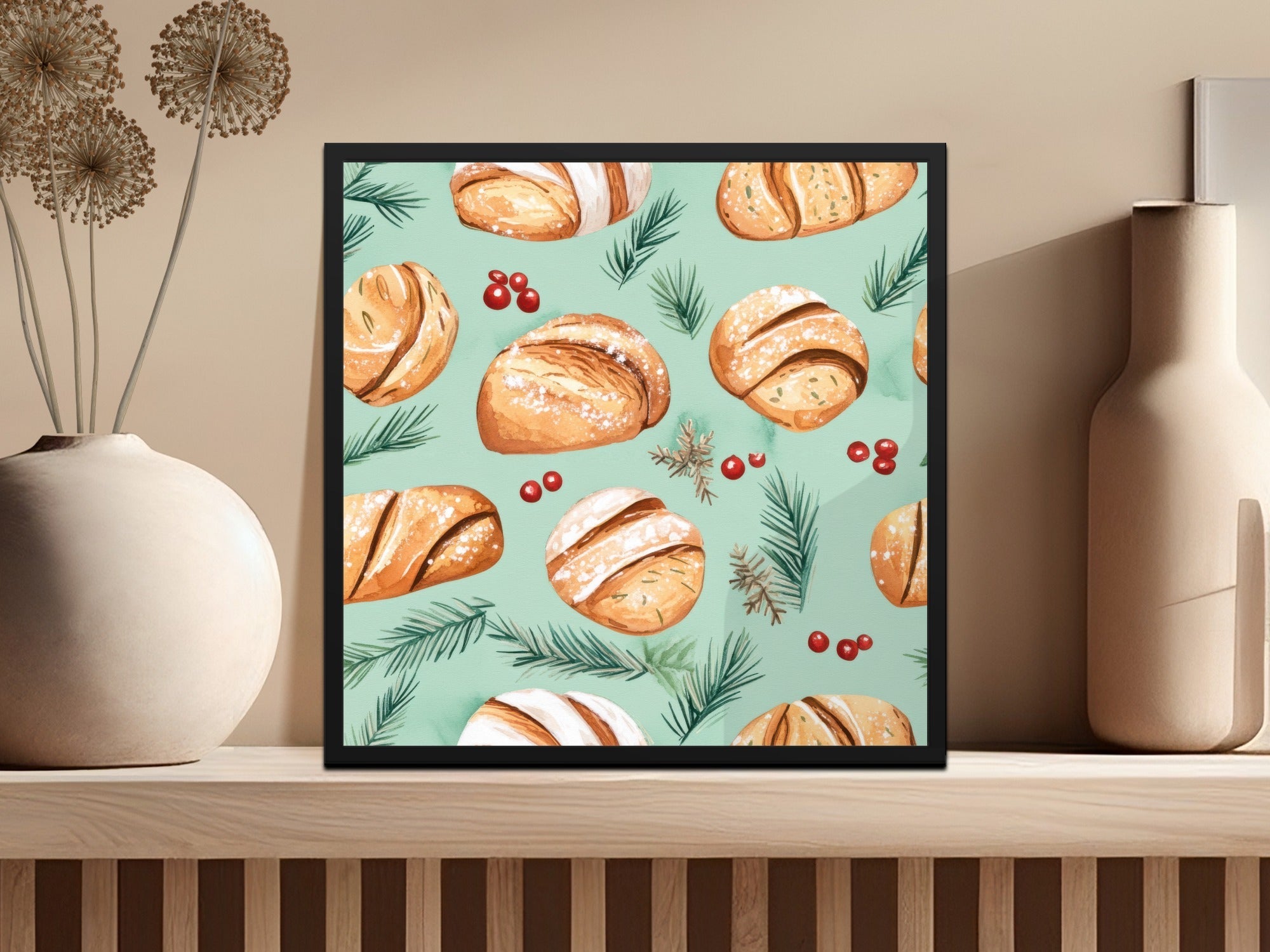 Watercolor Sourdough Christmas Baked Goods Pine Needles Pattern Background