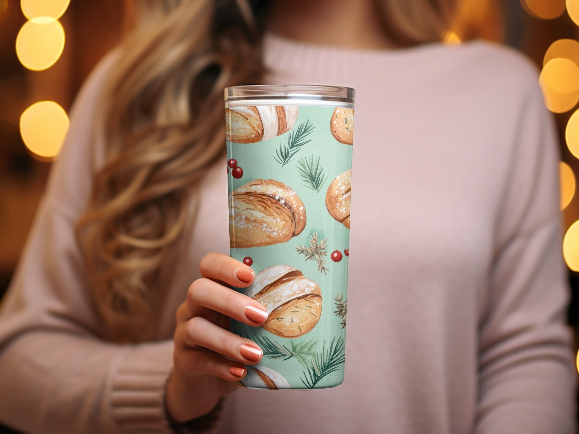 Watercolor Sourdough Christmas Baked Goods Pine Needles Pattern Background