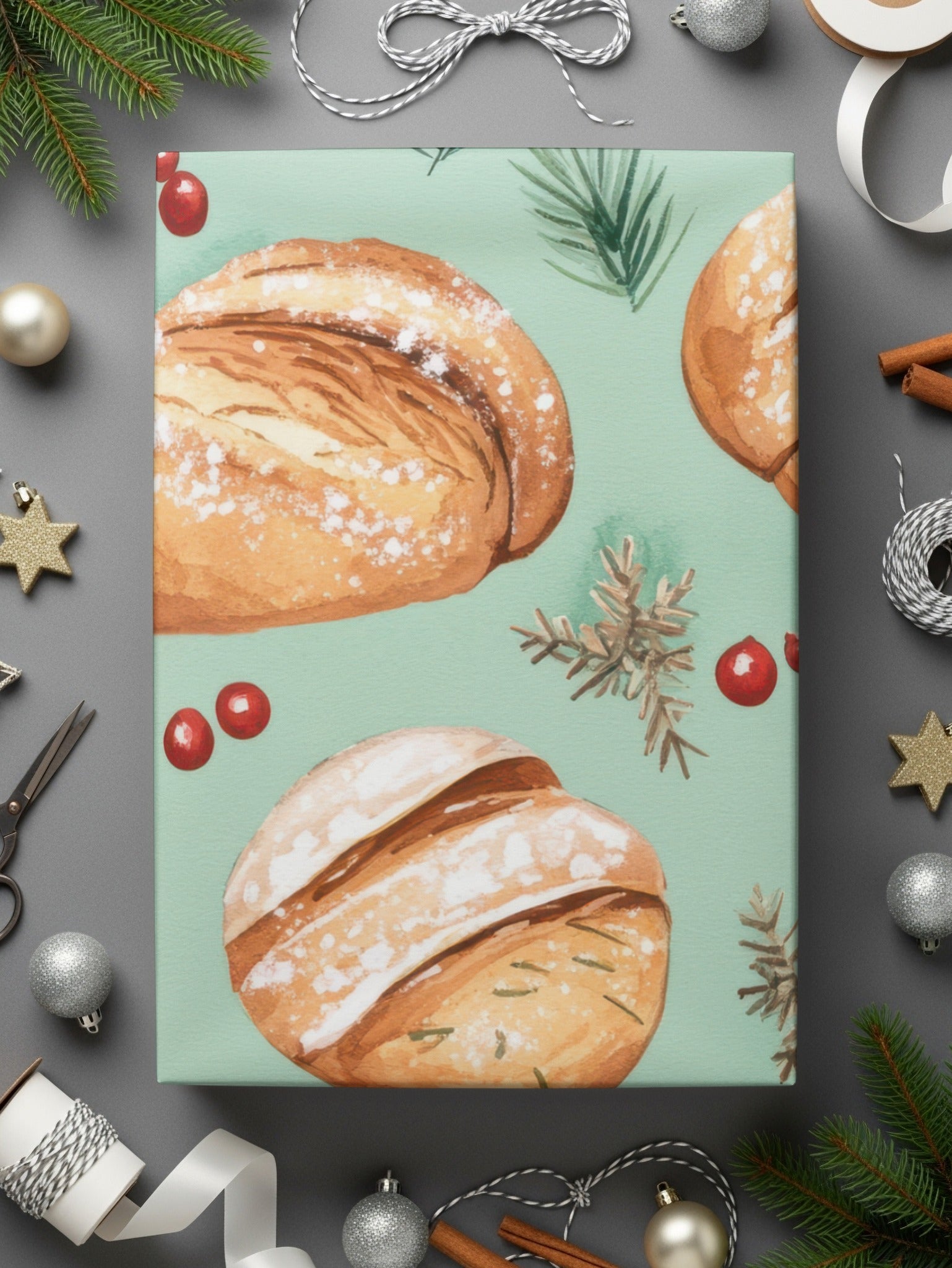 Watercolor Sourdough Christmas Baked Goods Pine Needles Pattern Background