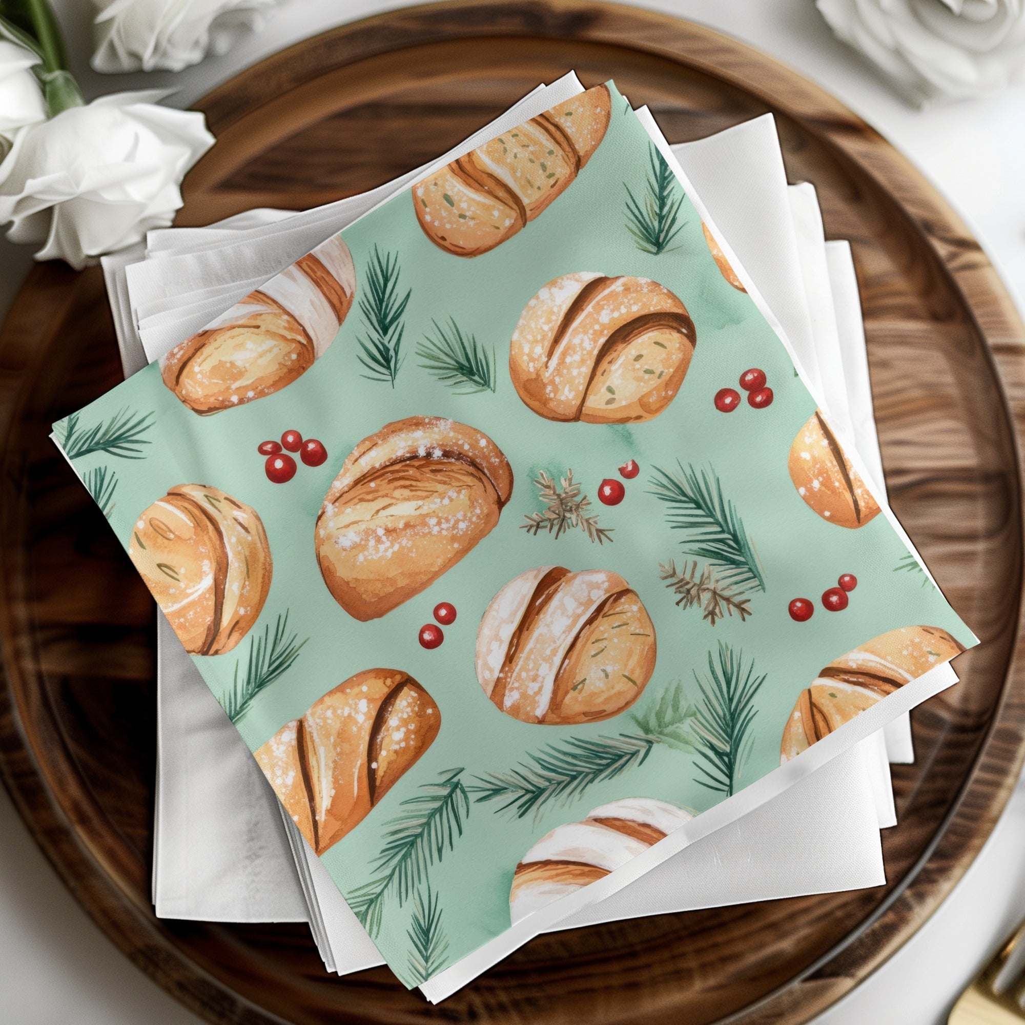 Watercolor Sourdough Christmas Baked Goods Pine Needles Pattern Background