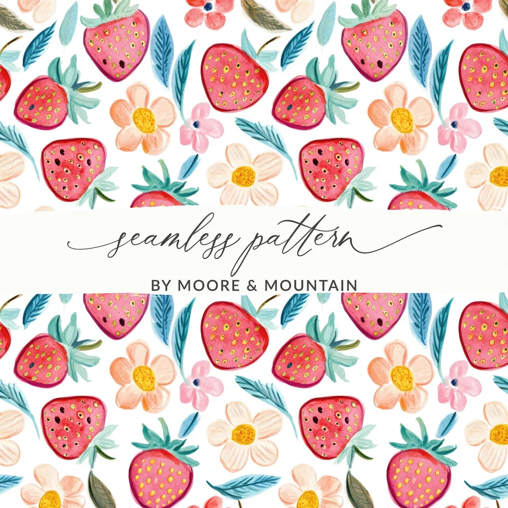 Watercolor Strawberry Floral Digital Paper Seamless Pattern | Cute Spring Summer Fruit Fabric Background | Whimsical Scrapbook Design