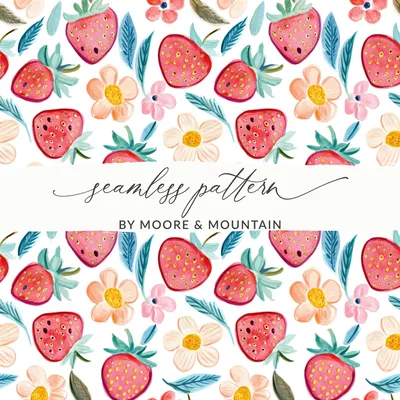 Watercolor Strawberry Floral Digital Paper Seamless Pattern | Cute Spring Summer Fruit Fabric Background | Whimsical Scrapbook Design