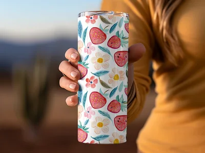 Watercolor Strawberry Floral Digital Paper Seamless Pattern | Cute Spring Summer Fruit Fabric Background | Whimsical Scrapbook Design