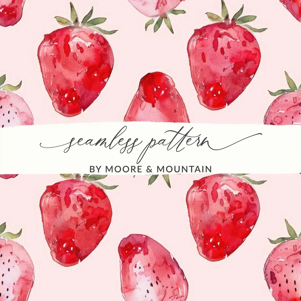 Watercolor Strawberry Pattern Digital, Seamless Repeat, Fruit Print, Fabric Design, Commercial Use, Summer Pattern, Kitchen Art (Digital)